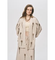 Kadın El İşçiliği Boncuk İşlemeli Oversize Kimono (Açık Bej)
