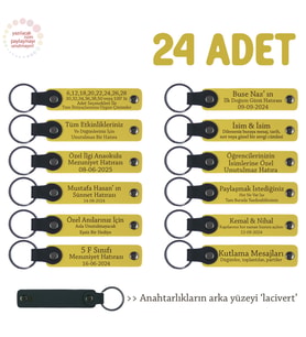 Sarı & Laci, Aile Gecesinde Sunulacak Sürpriz Hediye, 24’lü Set, Kişiye Özel Yazılı Deri Anahtarlık