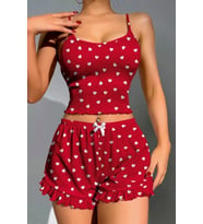 Amora Secret Pamuklu Kırmızı Üstüne Beyaz Kalp Desen Fitilli Askılı Şortlu Pijama Takımı