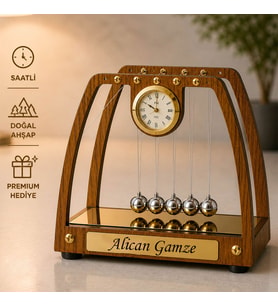 Kişiye Özel Saatli Newton Denge Topları - Ahşap Masaüstü Dekoratif Saat