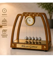 Kişiye Özel Saatli Newton Denge Topları - Ahşap Masaüstü Dekoratif Saat