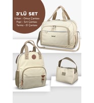 Stylo 3'lü Set Popi Anne Bebek Bakım Sırt Çantası & Urban Anne Bebek Omuz Çantası ve Termos Çanta (Bej)