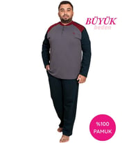 Guava Erkek Büyük Battal Beden Desenli 3 Düğmeli %100 Pamuk Mevsimlik Uzun Kol Cepli Pijama Takımı (Koyu Gri)