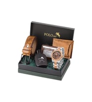 Polo Air Mercek Takvimli Erkek Kol Saati Kemer Cüzdan Kartlık Parfüm Set Rose Gold Gümüş Kahve Renk PL-7075E8 (Kahverengi-Beyaz)