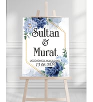 Söz Nişan Düğün İçin 50x70 Karşılama Panosu - Mavi Çiçek ve Yaprak Tasarımlı