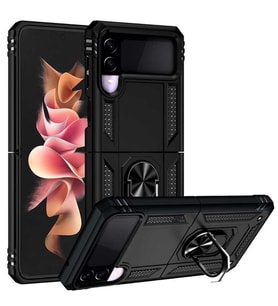 Galaxy Z Flip 3 Kılıf Zore Vega Yüzüklü Standlı Zırh Kılıf (Siyah)