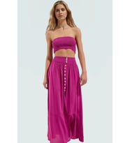 Yazlık Şık Kadın Uzun Bluz Etek Takım Viskoz Kumaş Rahat Plaj Kombin Modern Stil Yüksek Kalite (Fuşya)