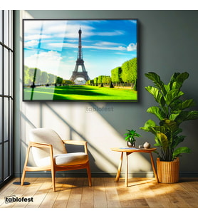 Siyah Renk Metal Çerçeveli Tamperli Cam Tablo Eyfel Kulesi Champ de Mars Parkı Şehir Mimari Tablo Duvar Dekoru