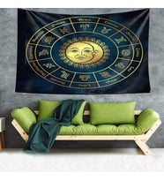 Astroloji Burçlar 12 Burç Desen Leke Tutmaz Kadife Doku Kumaş Duvar Örtüsü Duvar Halısı Tapestry (Lacivert-Sarı)