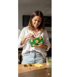 ESU Accessory Daisy Energy Sarı Papatyalı El Örgüsü Makyaj Çantası - Canlı Yeşil
