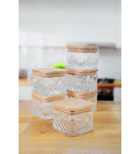 6'lı Kare Timeless Ahşap Vakumlu Kapaklı Cam Kahvaltılık -Saklama Kabı & Çerezlik Çok Amaçlı- 225 ML