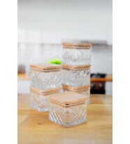 6'lı Kare Timeless Ahşap Vakumlu Kapaklı Cam Kahvaltılık -Saklama Kabı & Çerezlik Çok Amaçlı- 225 ML