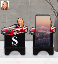 BK Gift Kişiye Özel Plakalı Kadın Ferrari California Karikatürlü Ahşap Biblo Telefon Standı-1