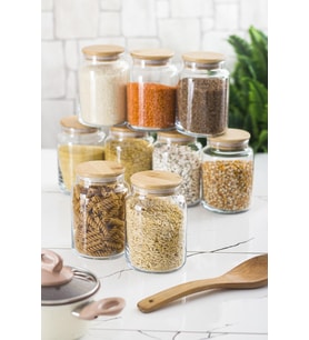 9 Lu Set Bambu Kapaklı Cam Kavanoz & Erzak Saklama Kabı 800 ml Orta Boy ( Vakum Kapak )