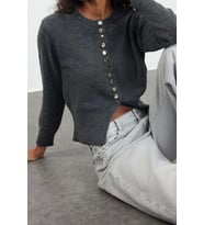 Kadın Modern Tarz Regular Bisiklet Yaka Regular Triko Hırka (Koyu Gri)