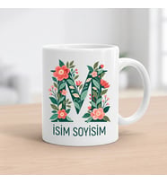 Kişiye Özel Baş Harf ve İsim Yazılı Çiçek Motiflili M Harfli Seramik Kupa Bardak