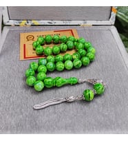 8X12 mm Gümüş Püsküllü Sündülüs Tesbih - Sandoloz Baga - Çekoslavak Tesbih (Yeşil)