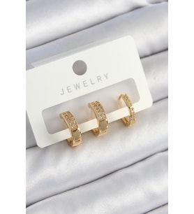 Pirinç Zirkon Taşlı Halka Model Gold Renk 3'lü Çift Kadın Küpe Set