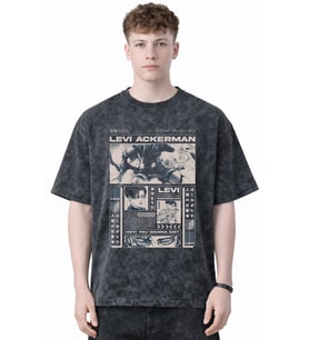 Tasarım Levi Ackerman Attack On Titan Anime Baskılı Unisex Oversize Eskitme Yıkamalı Tişört