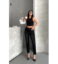 Mom fit enzim bıyıklı taş yıkama jeans pantolon siyah d2006