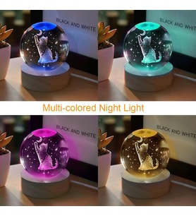 Kişiye Işıklı Ahşap Kaideli Aya Uzanan Kedi Temalı Cam Küre 8*6cm