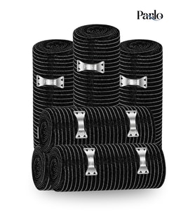 Parlo Siyah Elastik Bandaj 15 cm x 1,5 m 6’lı Set – %300 Esnek, 4,5 m’ye Kadar Uzayan, Metal Kancalı Destek ve Sargı Bandajı
