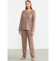 Düğme Kapamalı Rahat Kalıp Pijama Takım - Vizon