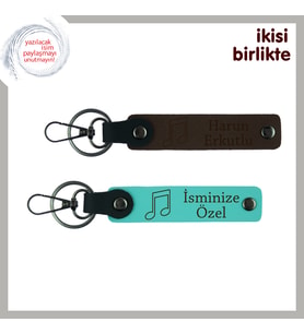 Müzik Dolu İlişkilere Anlamlı Hatıra, Nota Detaylı Deri Anahtarlık Seti, Koyu Kahve-Turkuaz