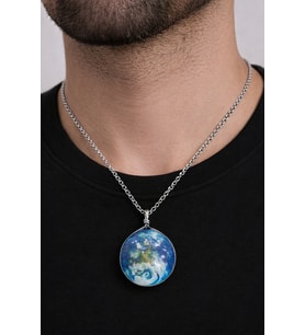 Unisex Gümüş Renk Zincir Kolye Mavi Gezegen Desenli Metal Uç 60 cm
