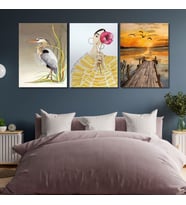 3'lü Kanvas Duvar Tablosu Boho Kadın ve Balıkçıl Kuşu İskele