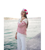 Styleboom X Peraluna AUDREY PULLOVER Omzu Düğmeli Çizgili Organik Pamuk Mevsimlik Kadın Triko Kazak - Ekru/Kırmızı