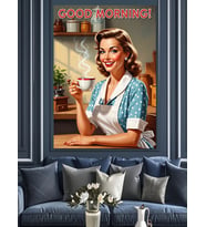 Retro Kadın Kahve İçiyor Dekoratif Kanvas - Mdf Ahşap Tablo