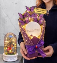 Kişiye Özel Aynalı Tasarım Led Işıklı Mor Kelebek Buketi (Led Işıklı Fanus Hediyeli) (Model 8)