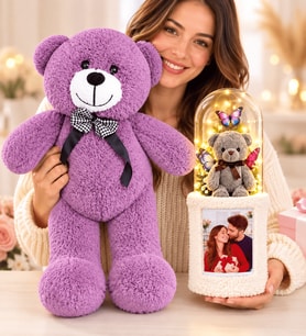 Kişiye Özel Fotoğraflı LED Işıklı Fanuslu Ayıcık Buketi ve Büyük Boy Mor Peluş Ayıcık