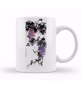 Chinese Painting Birds Playing Around Grapes Kupa Bardak Porselen