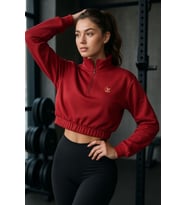 Kadın Fermuar Yaka Detaylı Crop Lastikli Rahat Kalıp Sweatshirt