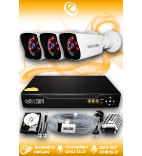 ELITCAM 3 Kameralı Kare 3 Dış Kamera Set 1 TB HDD Full HD Gece Görüşlü Güvenlik Kamerası Sistemi
