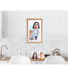 BK Home Anne Oğul Chef Karikatürlü El Yapımı Ahşap Çerçeveli Tablo-1