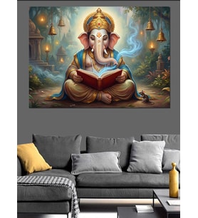 Kitap Okuyan Fil Başlı Ganesha Dekoratif Kanvas - Mdf Ahşap Tablo