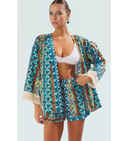 Yazlık Etnik Desenli Pamuklu Kimono Şort Takım Plaj için Rahat Tasarım Modern Stil Özenle Seçilmiş