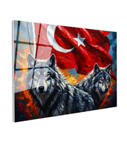 Tamperli Gerçek Cam Tablo Ay Yıldız Kurt Tablosu Duvar Dekoru