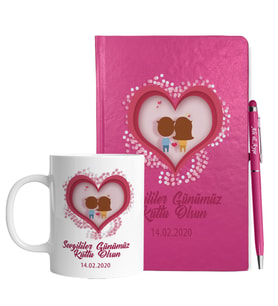 Sevgililer Gününe Özel Pembe Defter Kalem & Kupa Hediye Seti 36