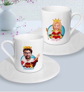 BK Gift Kişiye Özel Kral ve Kraliçe Karikatürlü 2’li Türk Kahvesi Fincanı-1, Sevgililer Günü Hediyesi, Sevgiliye Hediye, Ev Hediyesi