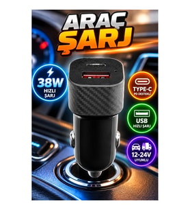 38W Type-C ve USB Portlu Araç İçi Hızlı Şarj Soketi Oto Çakmaklık