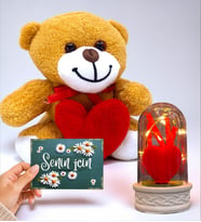 Kalpli Sevimli Peluş Ayıcık, Senin İçin Kartı ve Led Işıklı Fanus Seti (Model 1)