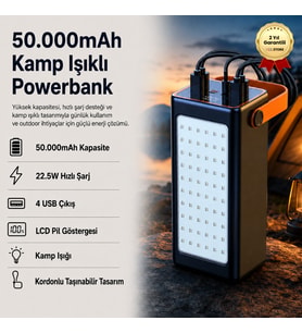 50.000mAh 22.5W Hızlı Şarj, 4 USB Çıkışlı, LCD Göstergeli Kordonlu Taşınabilir Kamp Işıklı Powerbank