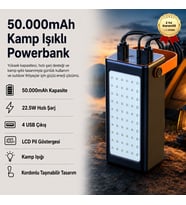 50.000mAh 22.5W Hızlı Şarj, 4 USB Çıkışlı, LCD Göstergeli Kordonlu Taşınabilir Kamp Işıklı Powerbank