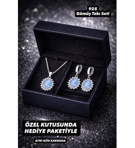 925 Ayar Damgalı Gümüş Kaplama Oval Mavi Taşlı Güneş Tasarım Kolye Küpe Takı Seti – Özel Kutulu Şık Kadın Set (Bebe Mavisi)