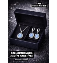 925 Ayar Damgalı Gümüş Kaplama Oval Mavi Taşlı Güneş Tasarım Kolye Küpe Takı Seti – Özel Kutulu Şık Kadın Set (Bebe Mavisi)