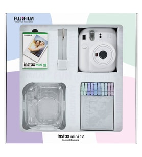 Instax mini 12 Beyaz Fotoğraf Makinesi 10'lu Film Simli Pleksi Kılıf Mandal ve Kıskaçlı Resim Standı Bundle Box